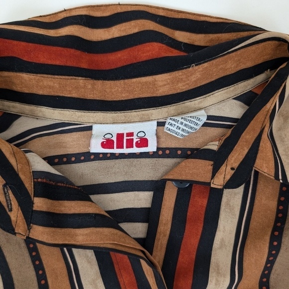 *Free with Purchase* 90’s Striped Long Sleeve Blouse Earth Tones Collar - Picture 3 of 10